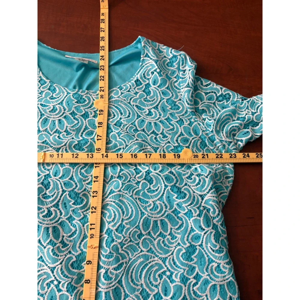Allison Daley Womens XL Teal Blue White Floral Lace 3/4 Sleeve Blouse Top - Picture 6 of 6